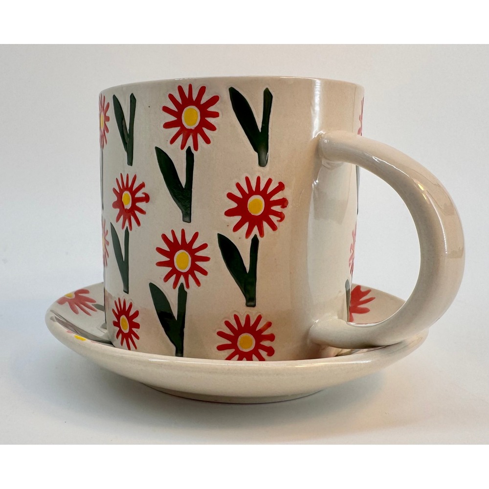 Hazel Mazel Red Daisy Stoneware Mug and Saucer Set Wax Relief Floral HM0172A NWT - Picture 4 of 13